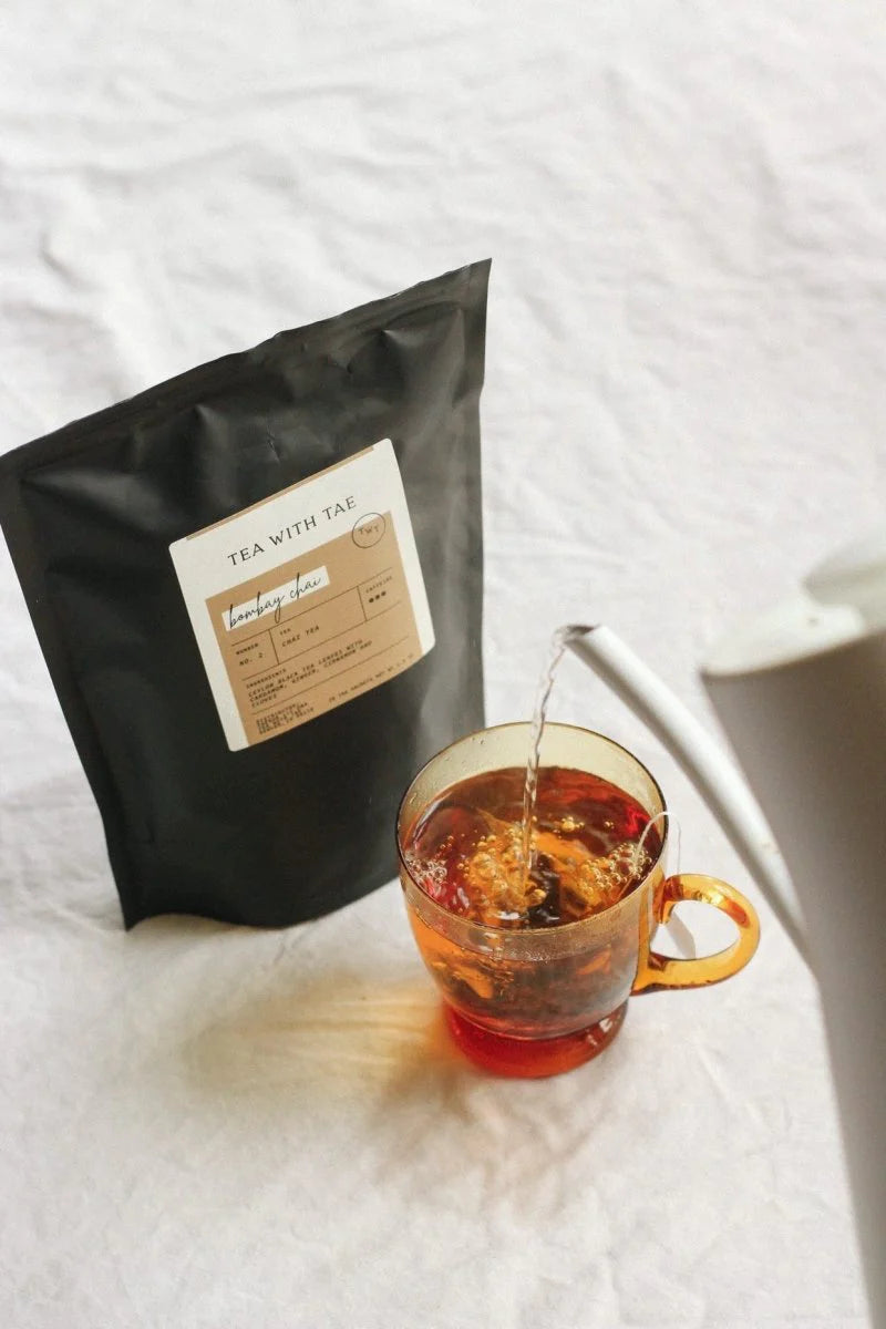 Chai Tea steeping in a glass mug